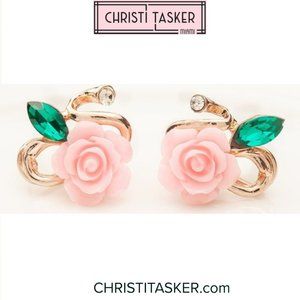 Pink Rose Crystal Flower Earrings